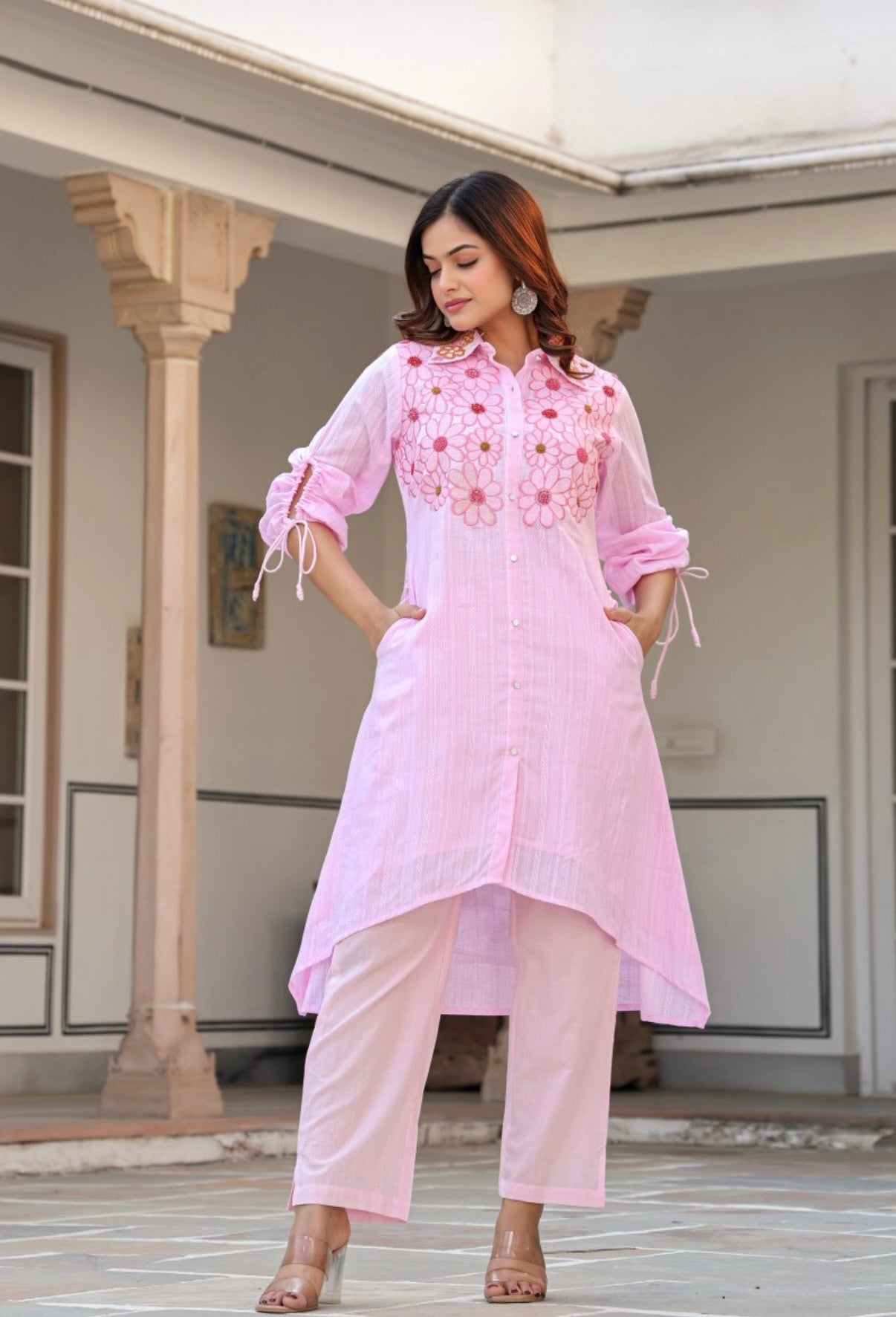 Pastel Pink Bloom Embroidered Cotton Coord Set