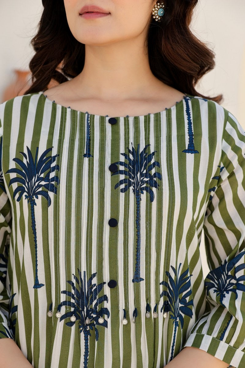 Tropical Floral Green Cotton Kurta Set