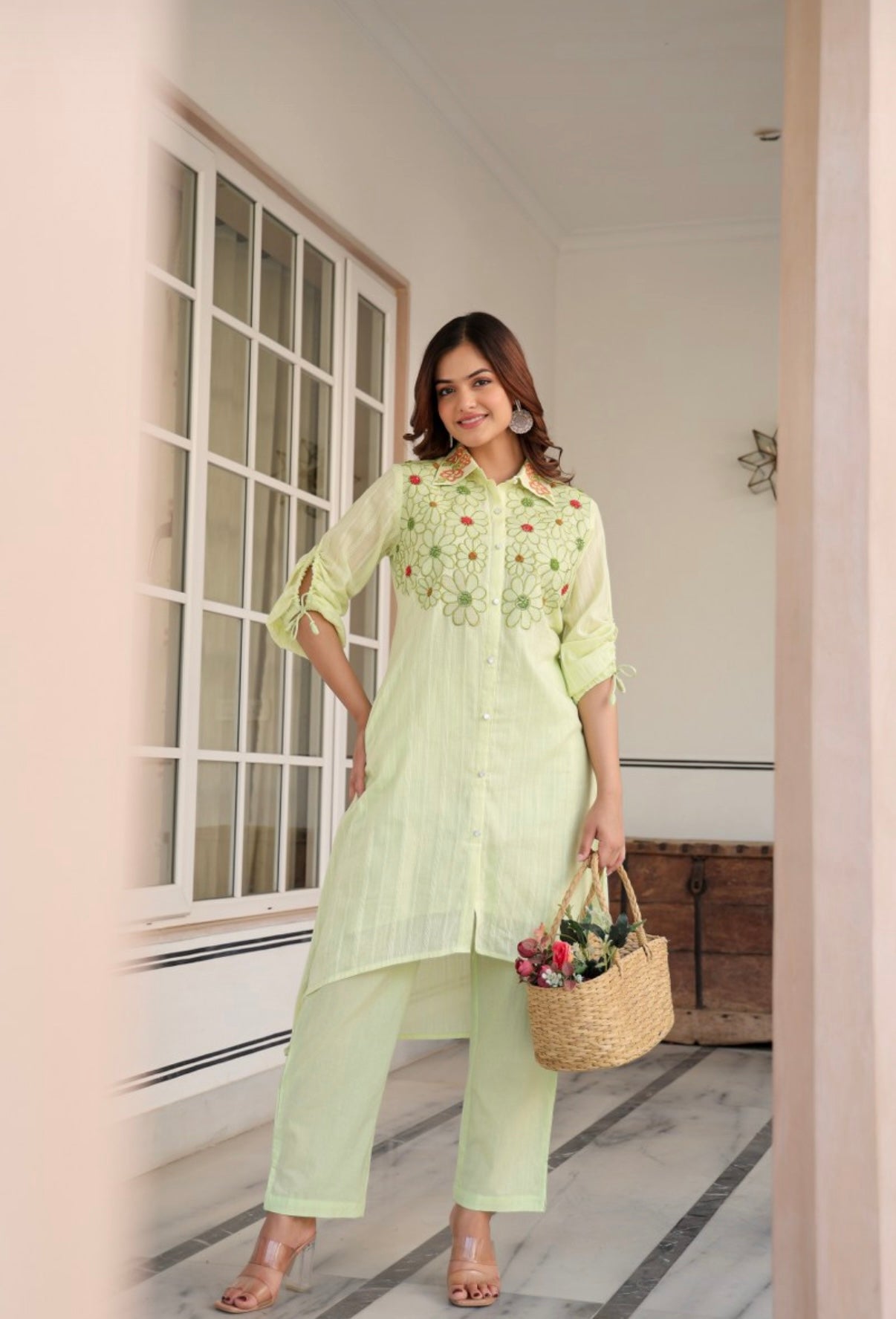 Pastel Lime Bloom Embroidered Cotton Coord Set