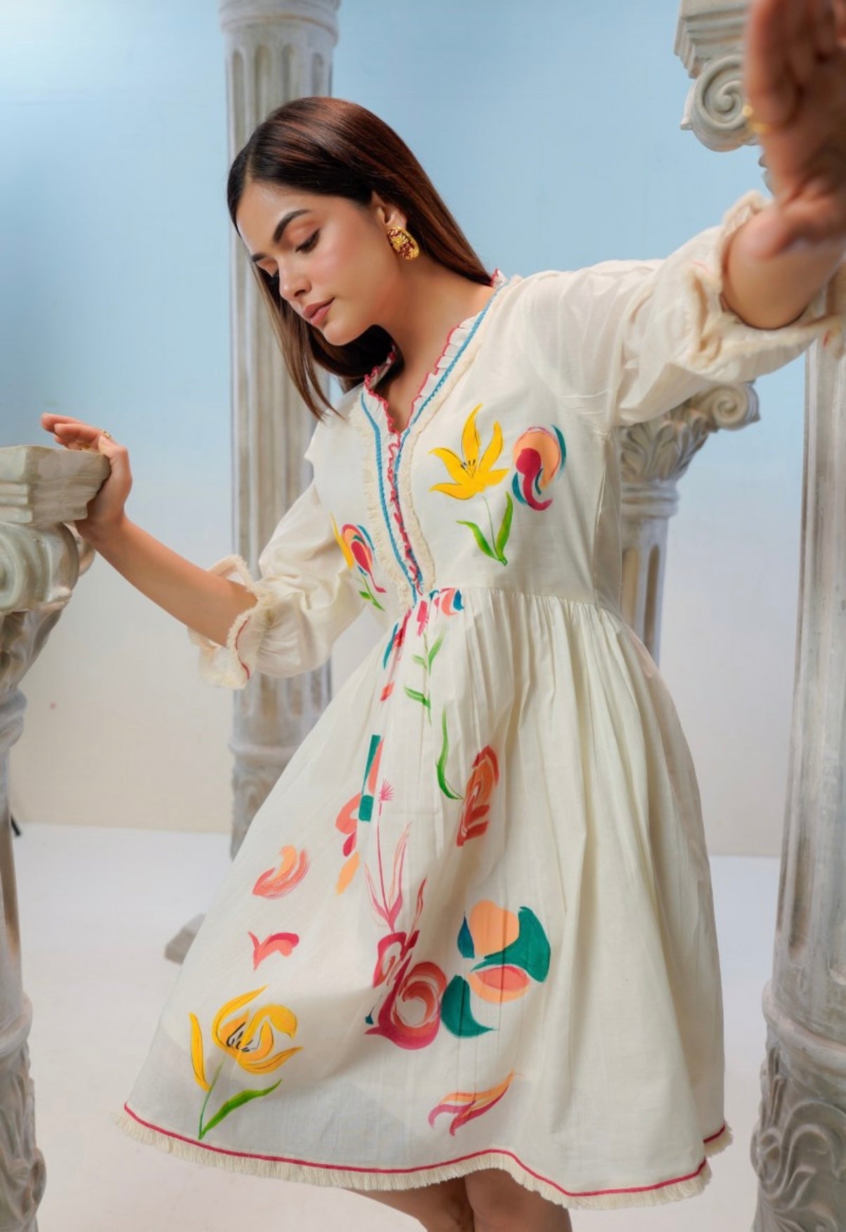 Rangriti Handpainted Ivory Cotton Dress