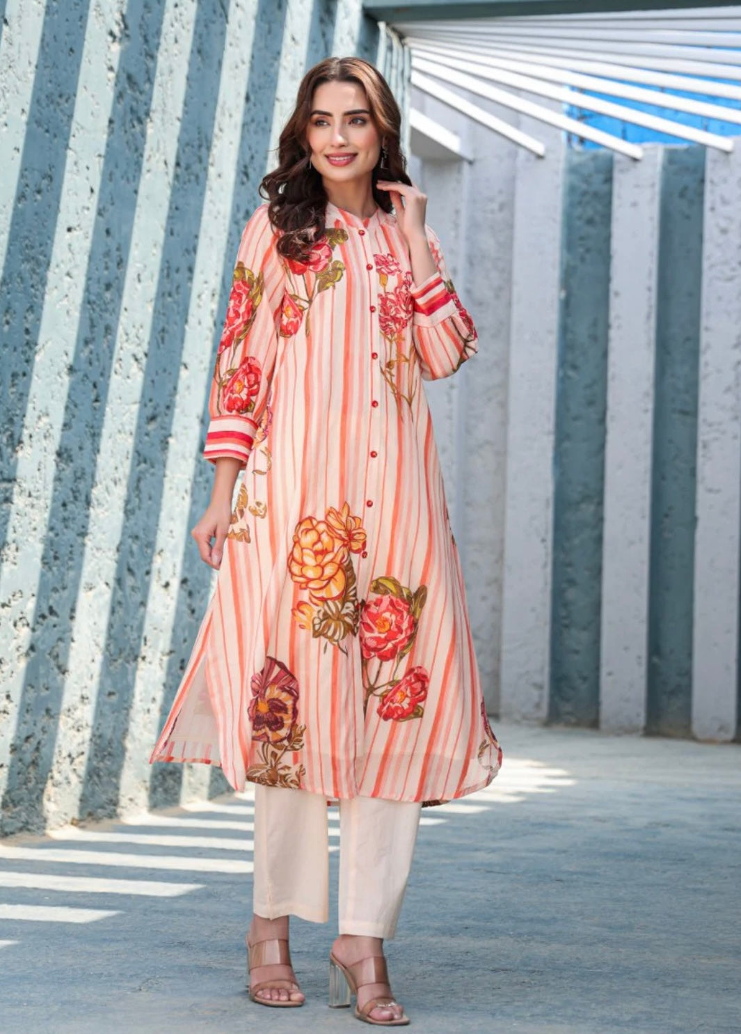 Peach Mal Cotton Floral Stripes Printed Kurta Set
