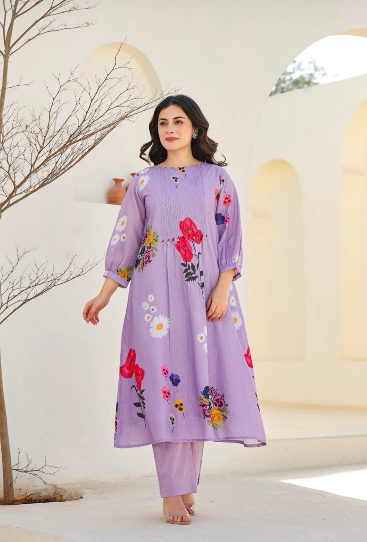 Floral Lavender Bloom Cotton Kurta Set Summer Ethnic Wear