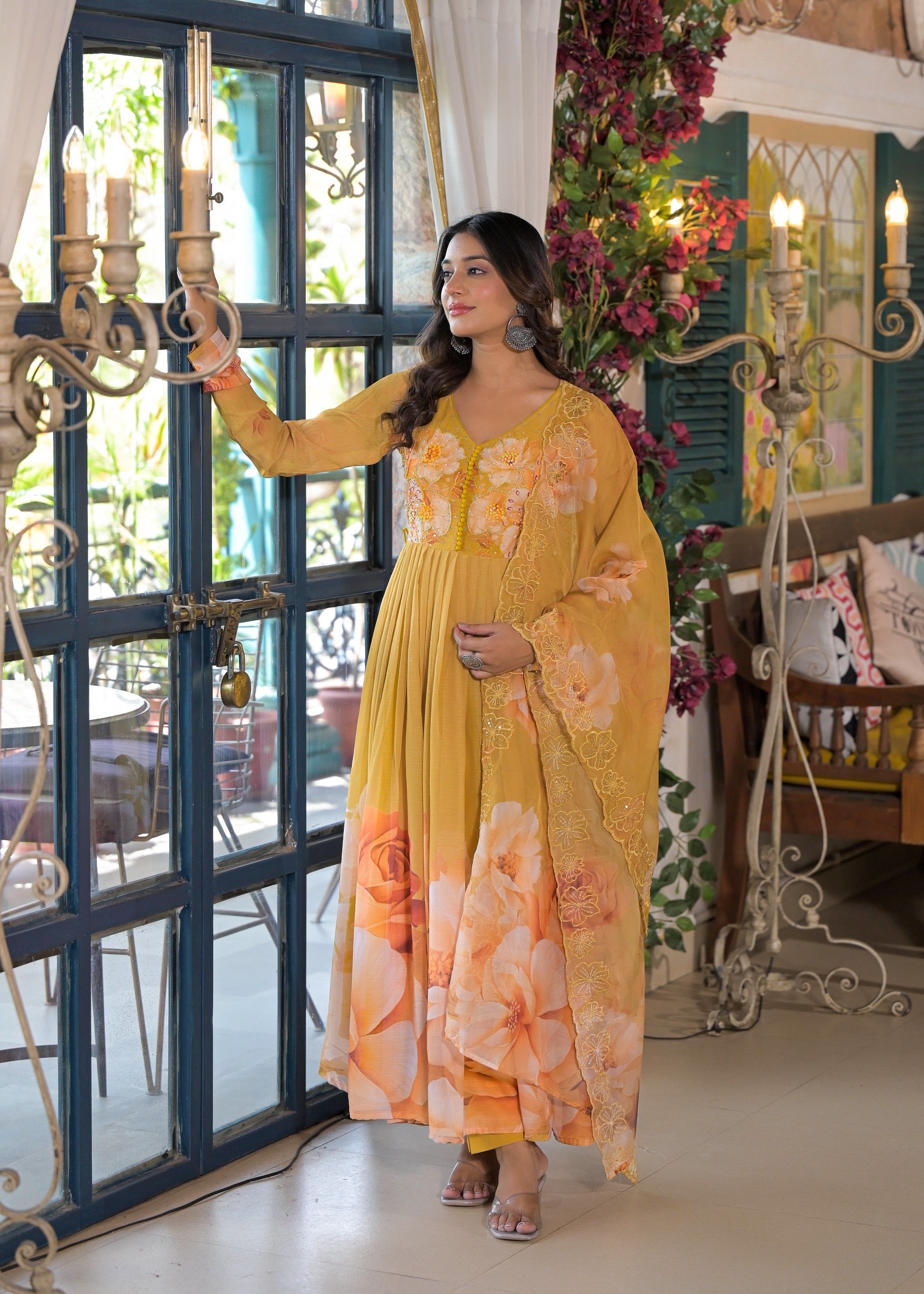 Virasat Mustard Floral Embroidered Anarkali Suit Set