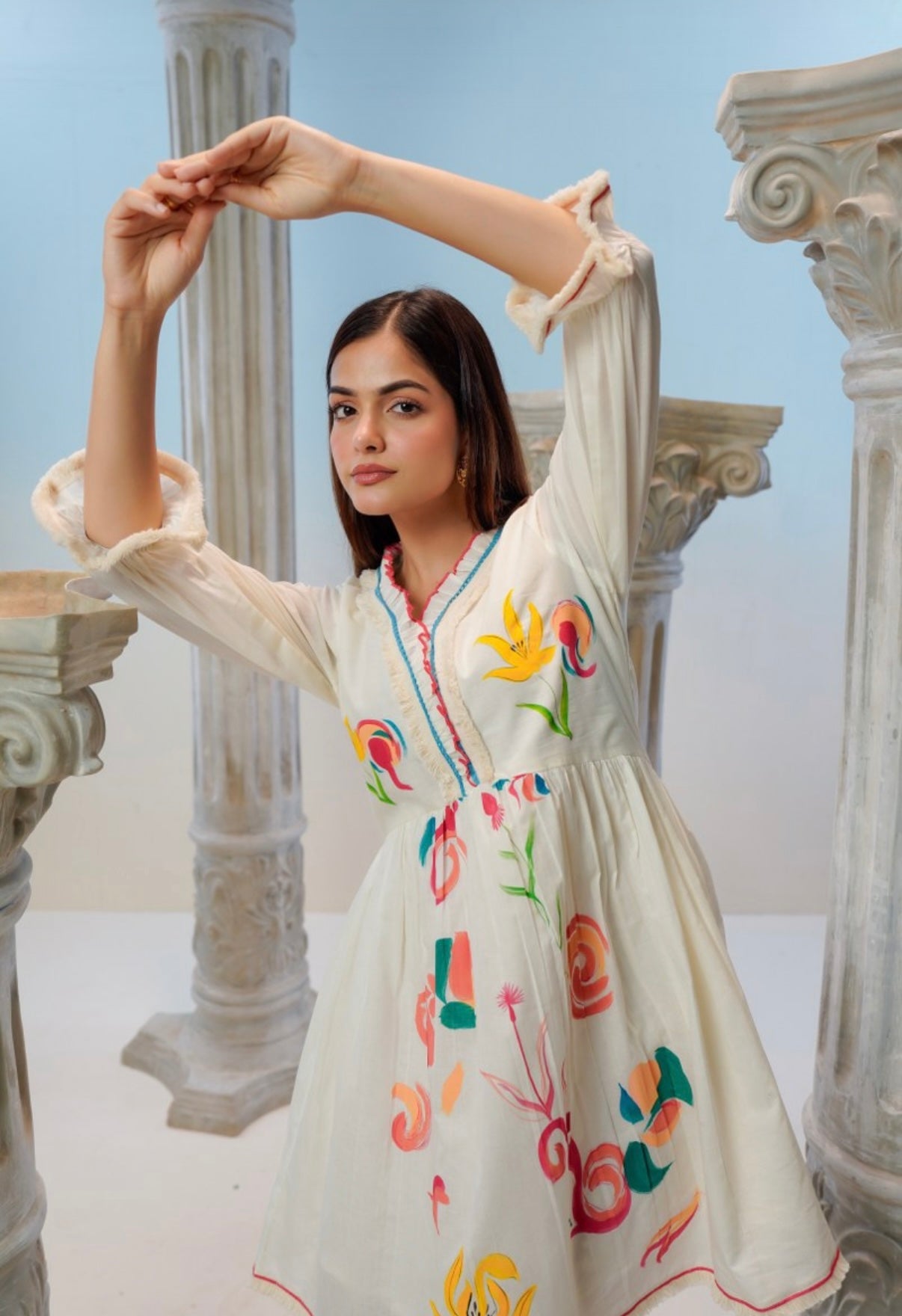 Rangriti Handpainted Ivory Cotton Dress