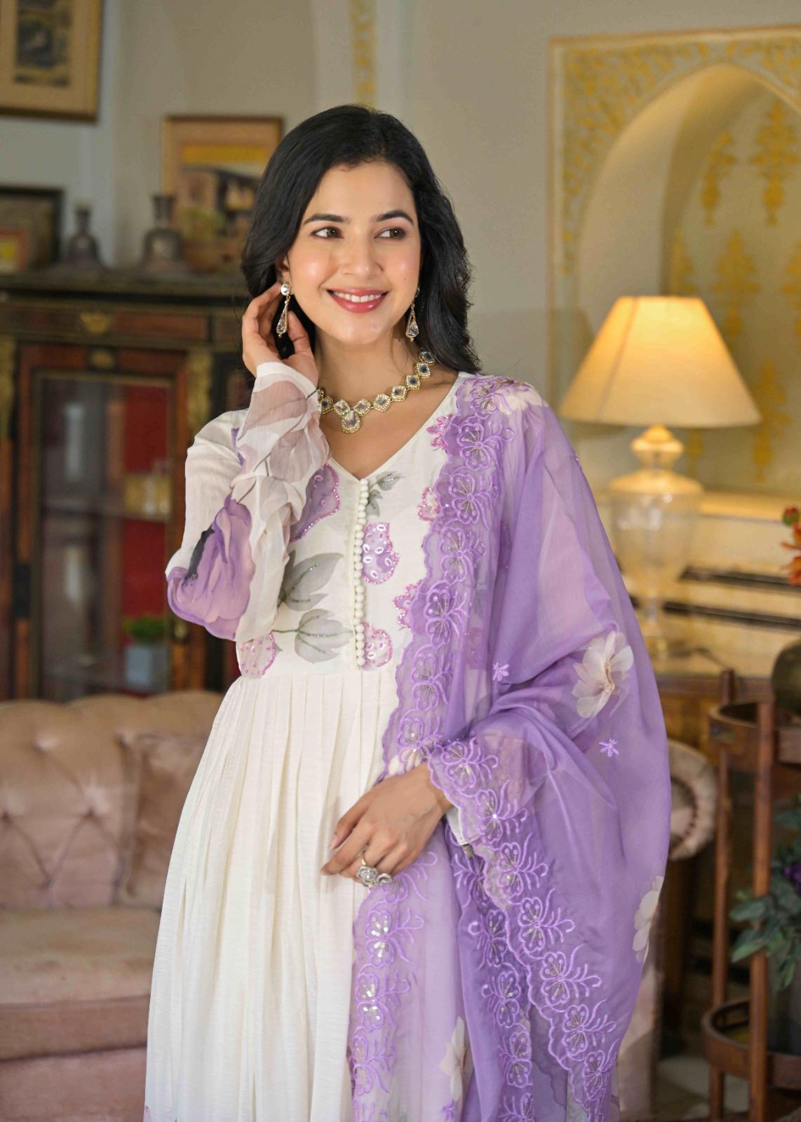 Lavender Blooming Embroidered Anarkali SuitSet