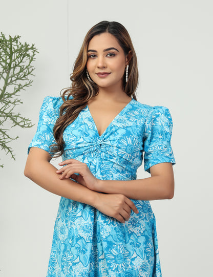 Blue cotton front knot midi dress