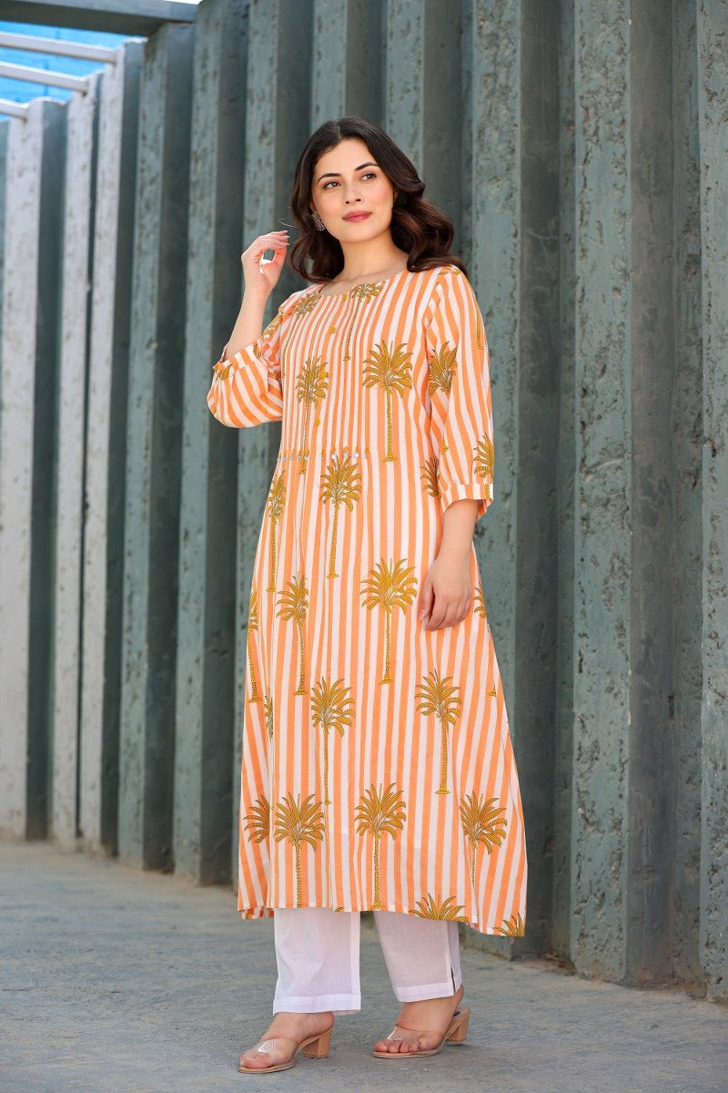Tropical Floral Orange Cotton Kurta Set