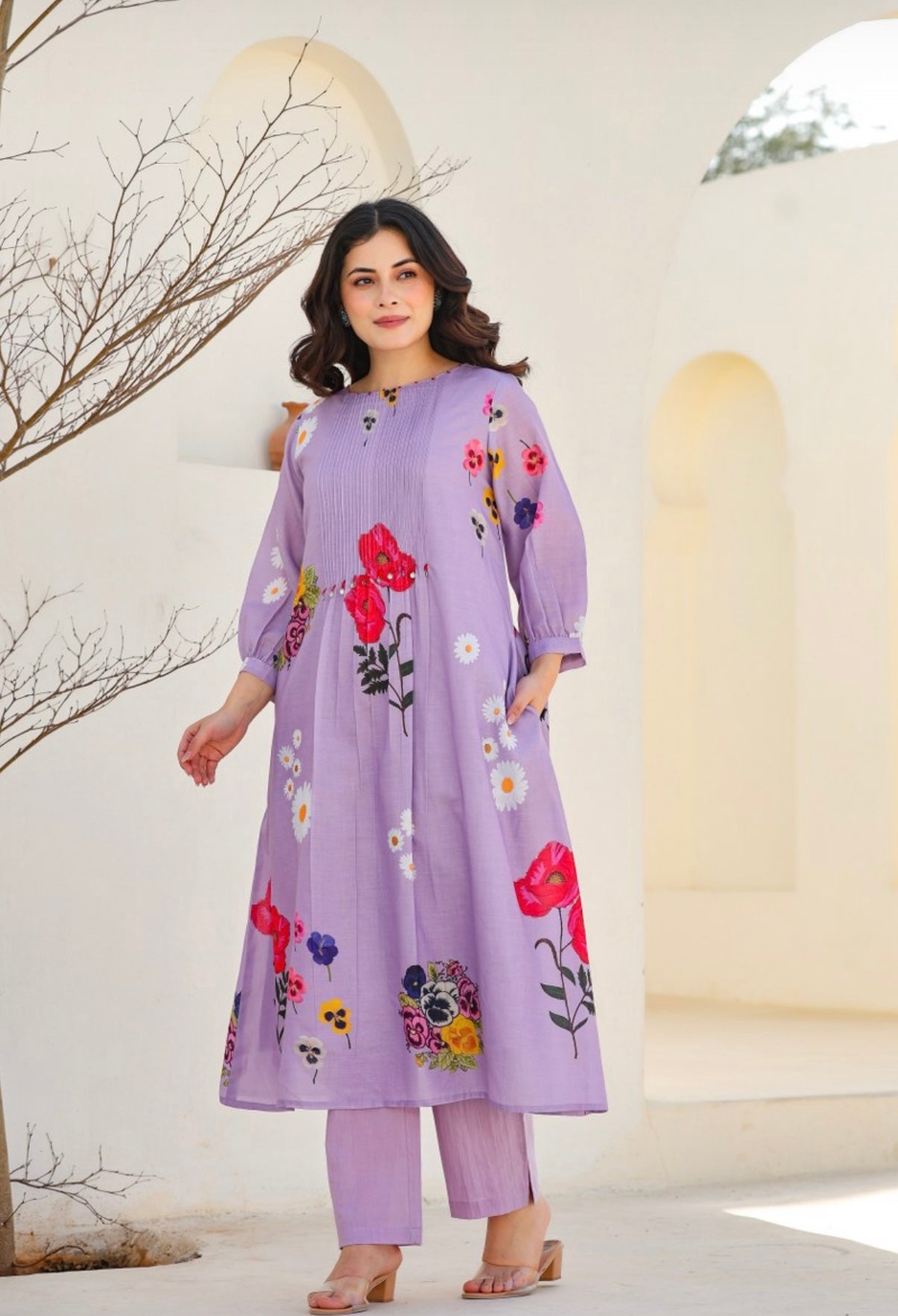 Floral Lavender Bloom Cotton Kurta Set Summer Ethnic Wear