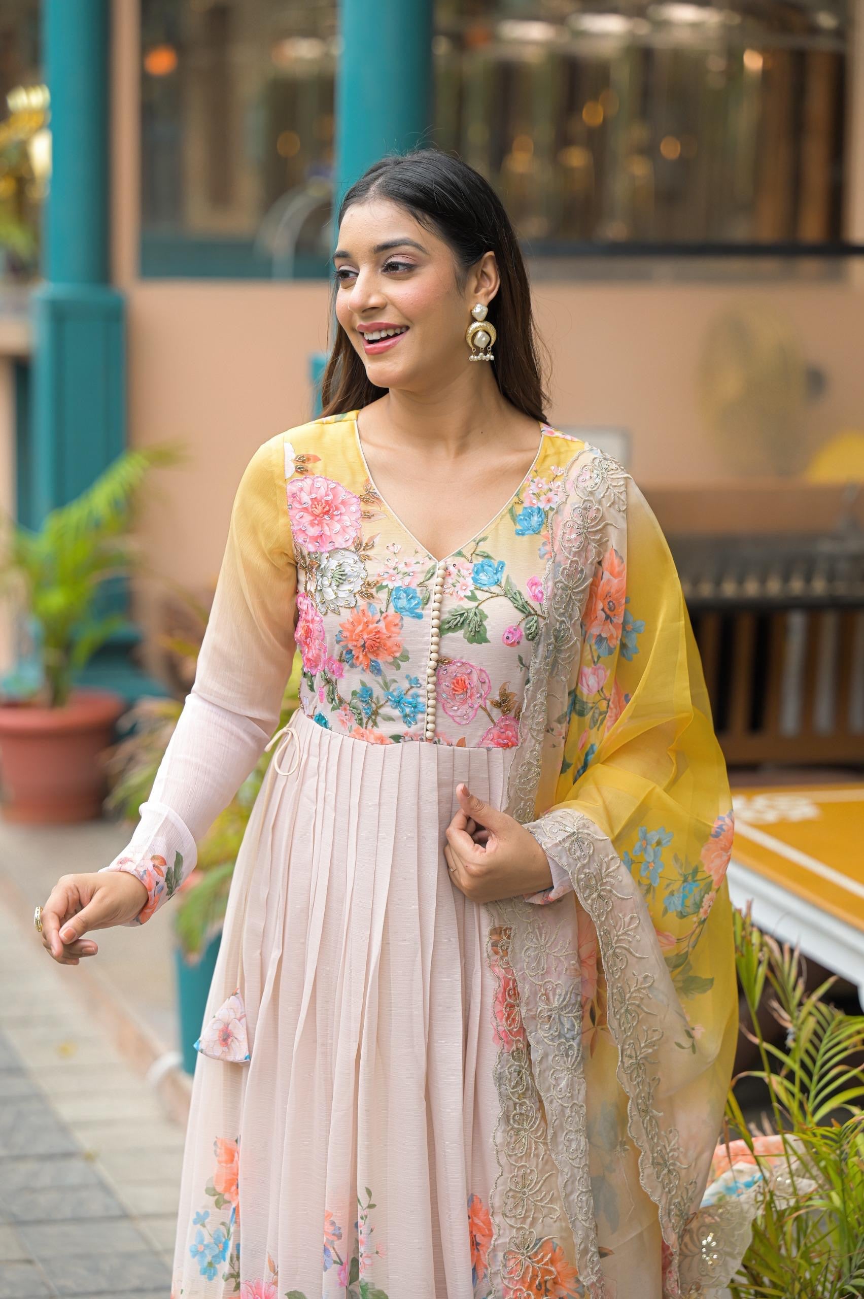 Millow Yellow Floral Embroidered Anarkali Suit Set