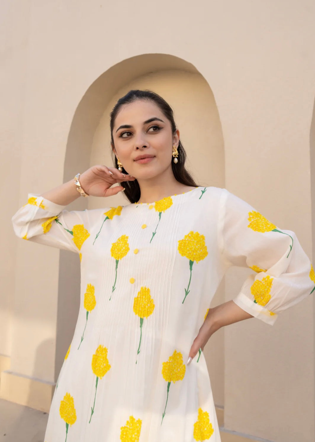 WHITE & YELLOW FLORAL PRINTED COTTON KURTA SET FOR WOMEN KURTA WITH PANTS