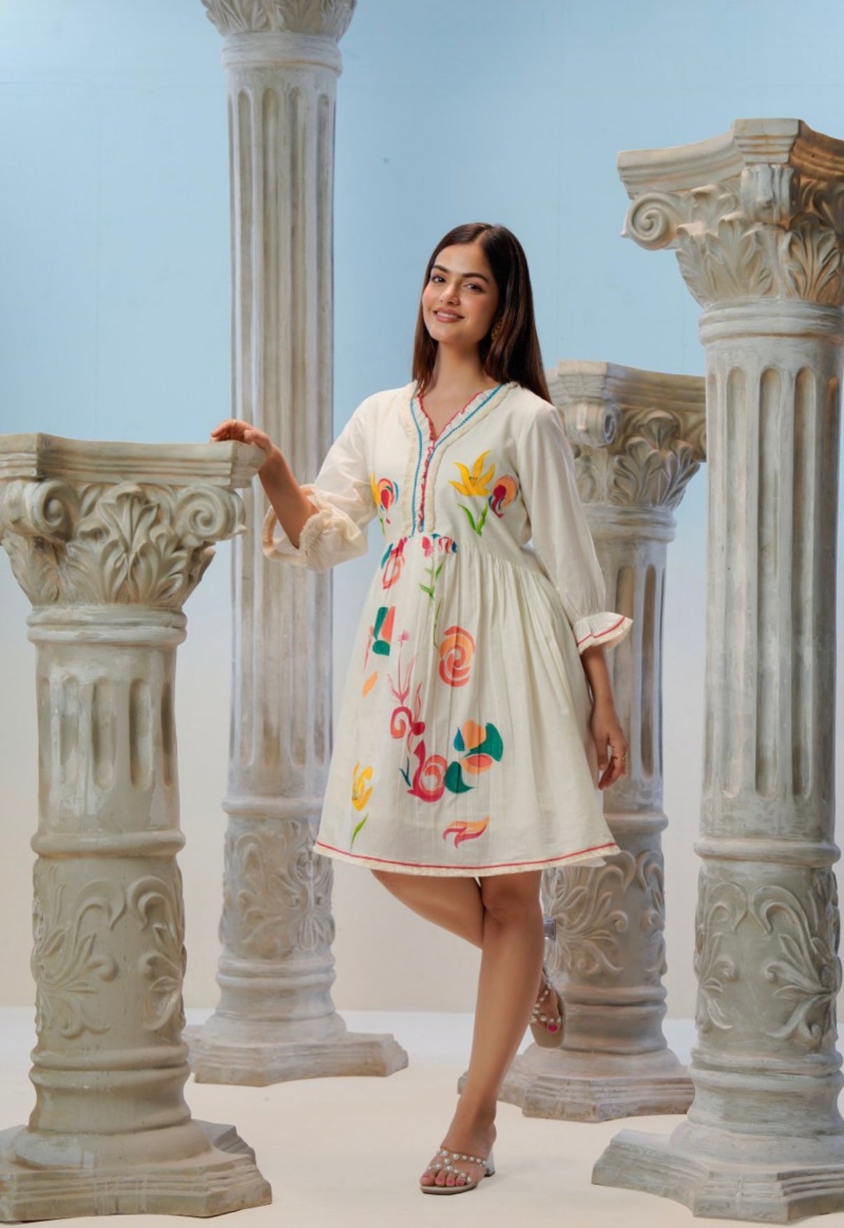 Rangriti Handpainted Ivory Cotton Dress