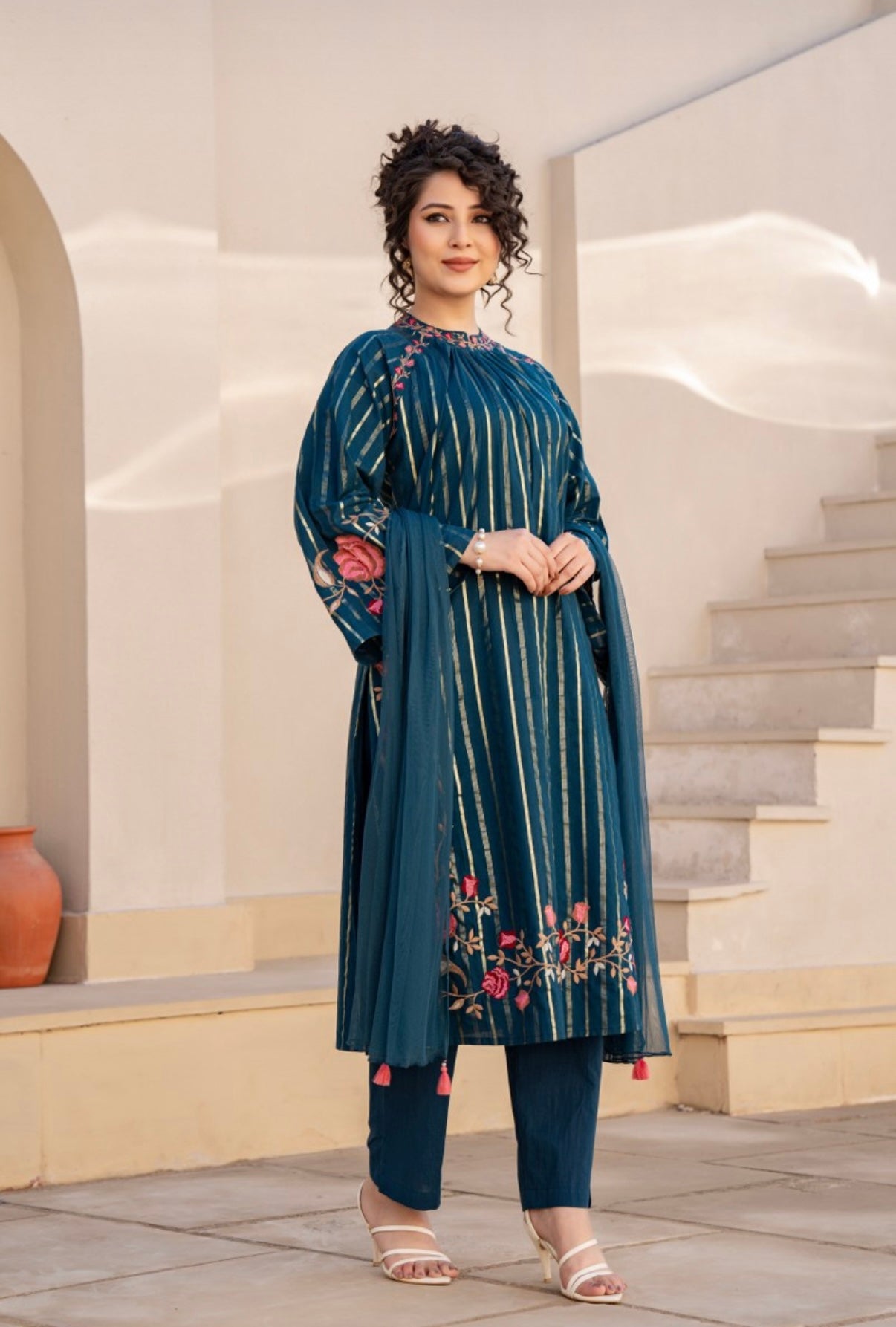 LAVANYA BLUE COTTON FLORAL EMBROIDERED SUIT SET