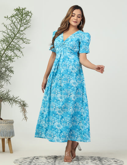 Blue cotton front knot midi dress