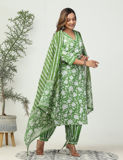 Ethnic green Afghani 3 piece cotton suit set