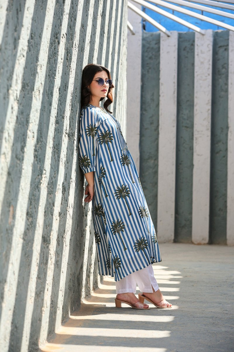 Tropical Floral Blue Cotton Kurta Set