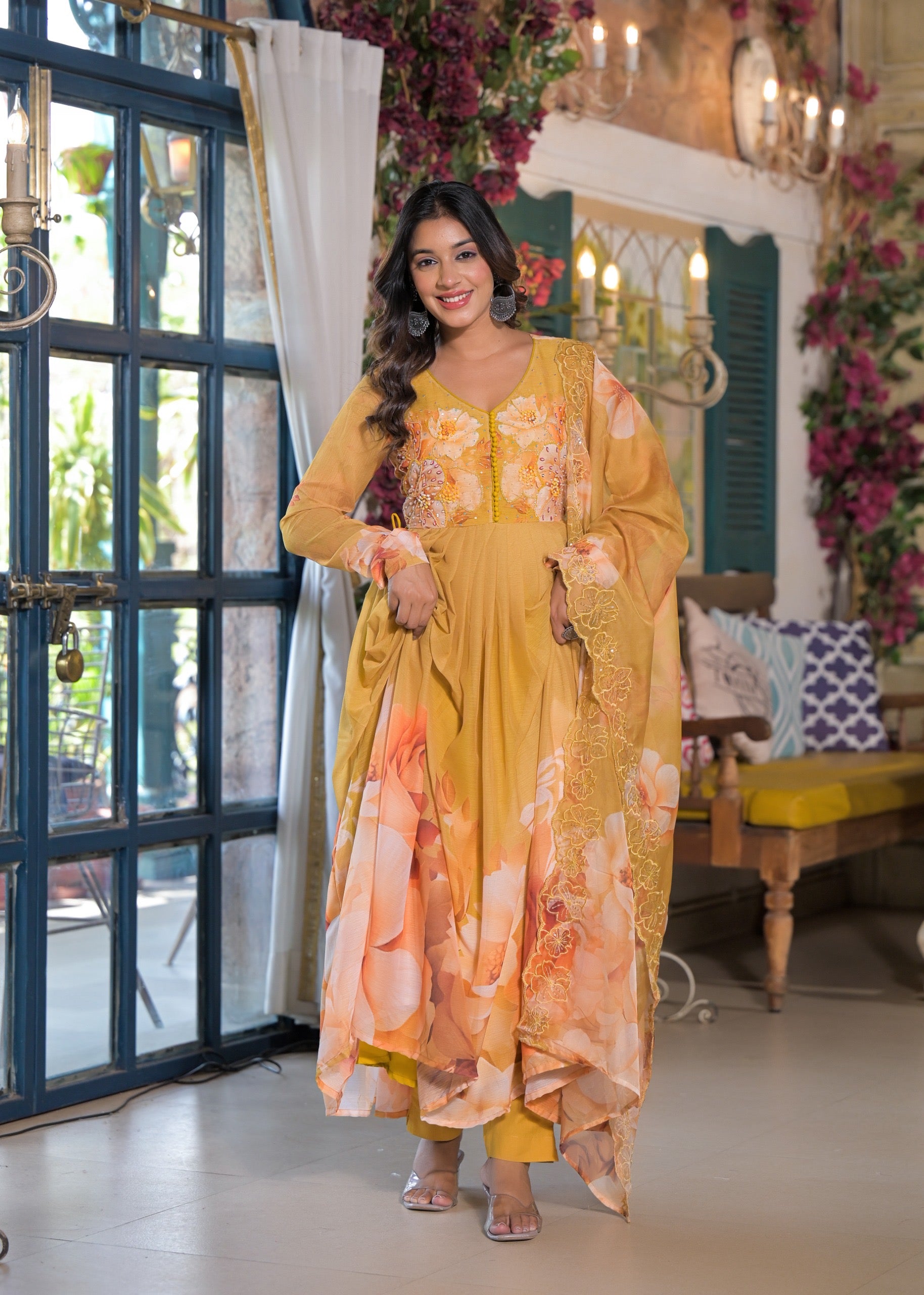 Virasat Mustard Floral Embroidered Anarkali Suit Set
