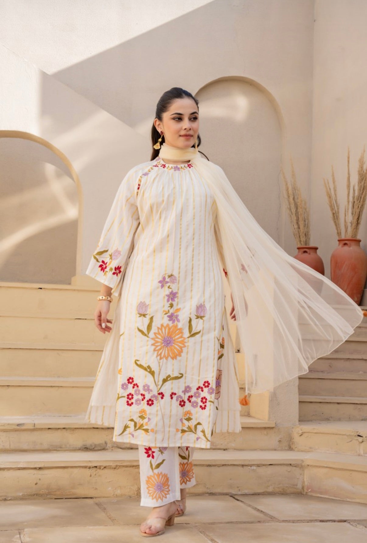 LAVANYA WHITE COTTON FLORAL EMBROIDERED SUIT SET
