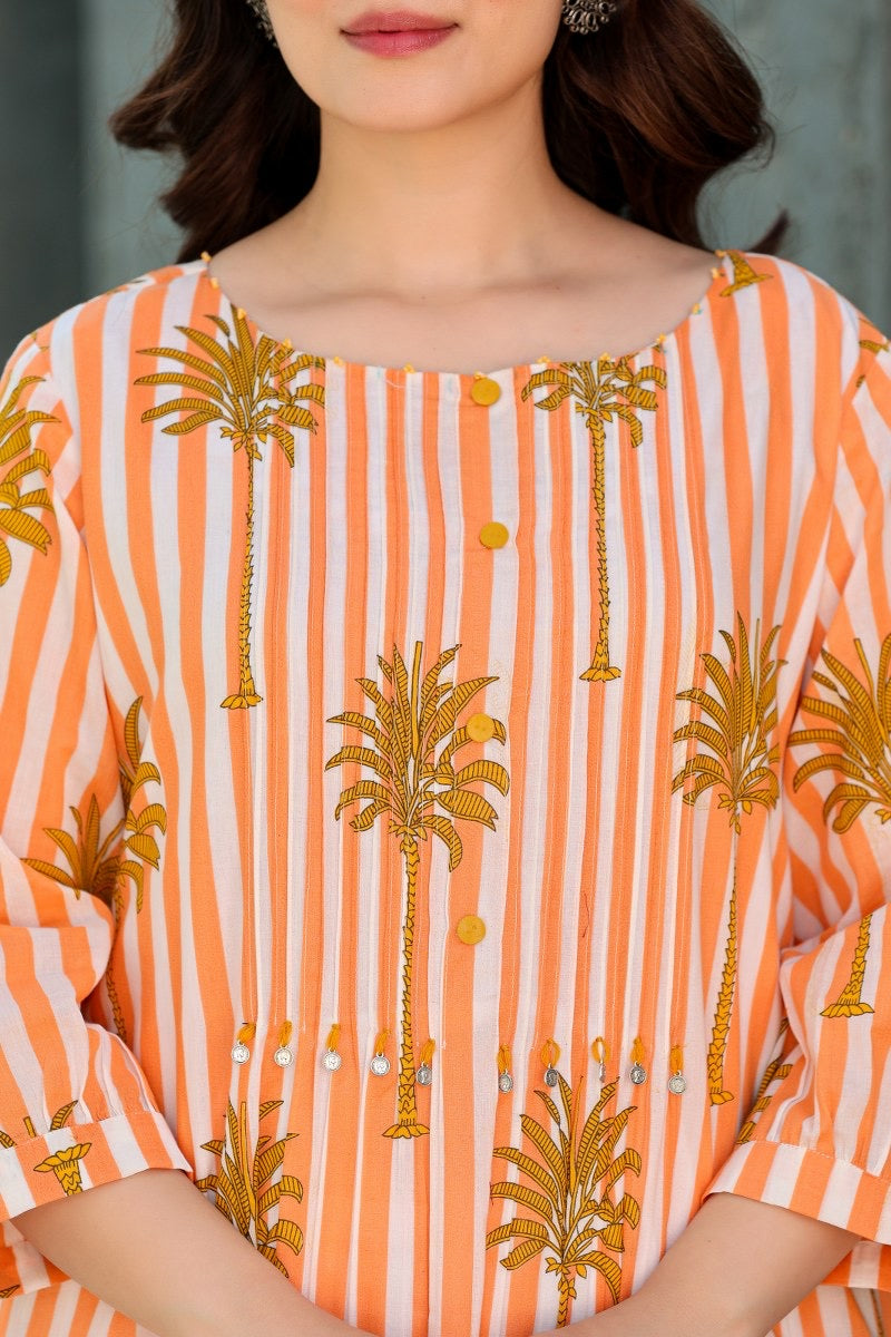 Tropical Floral Orange Cotton Kurta Set