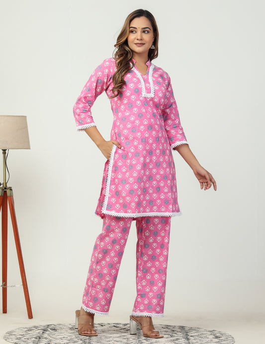 Light pink printed cotton suit - set of 2