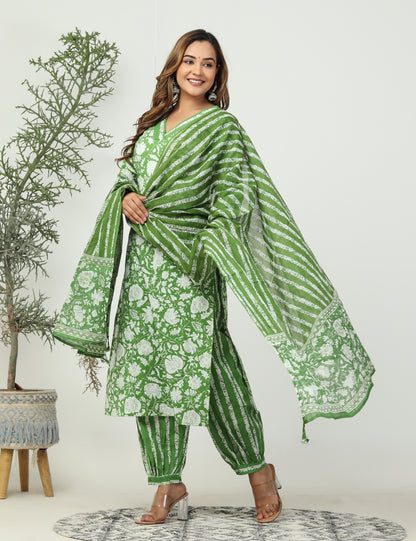 Ethnic green Afghani 3 piece cotton suit set