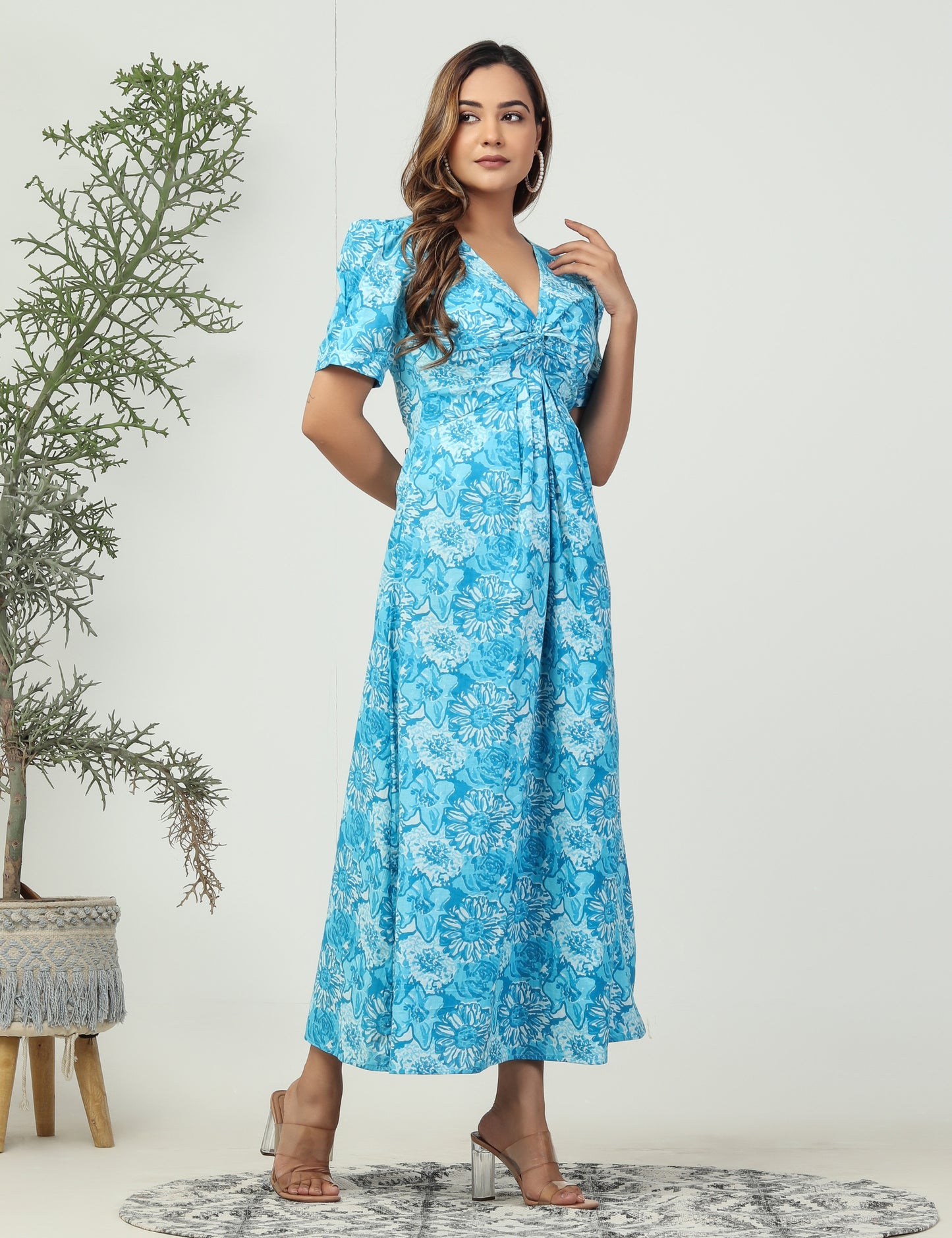 Blue cotton front knot midi dress