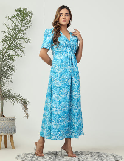 Blue cotton front knot midi dress