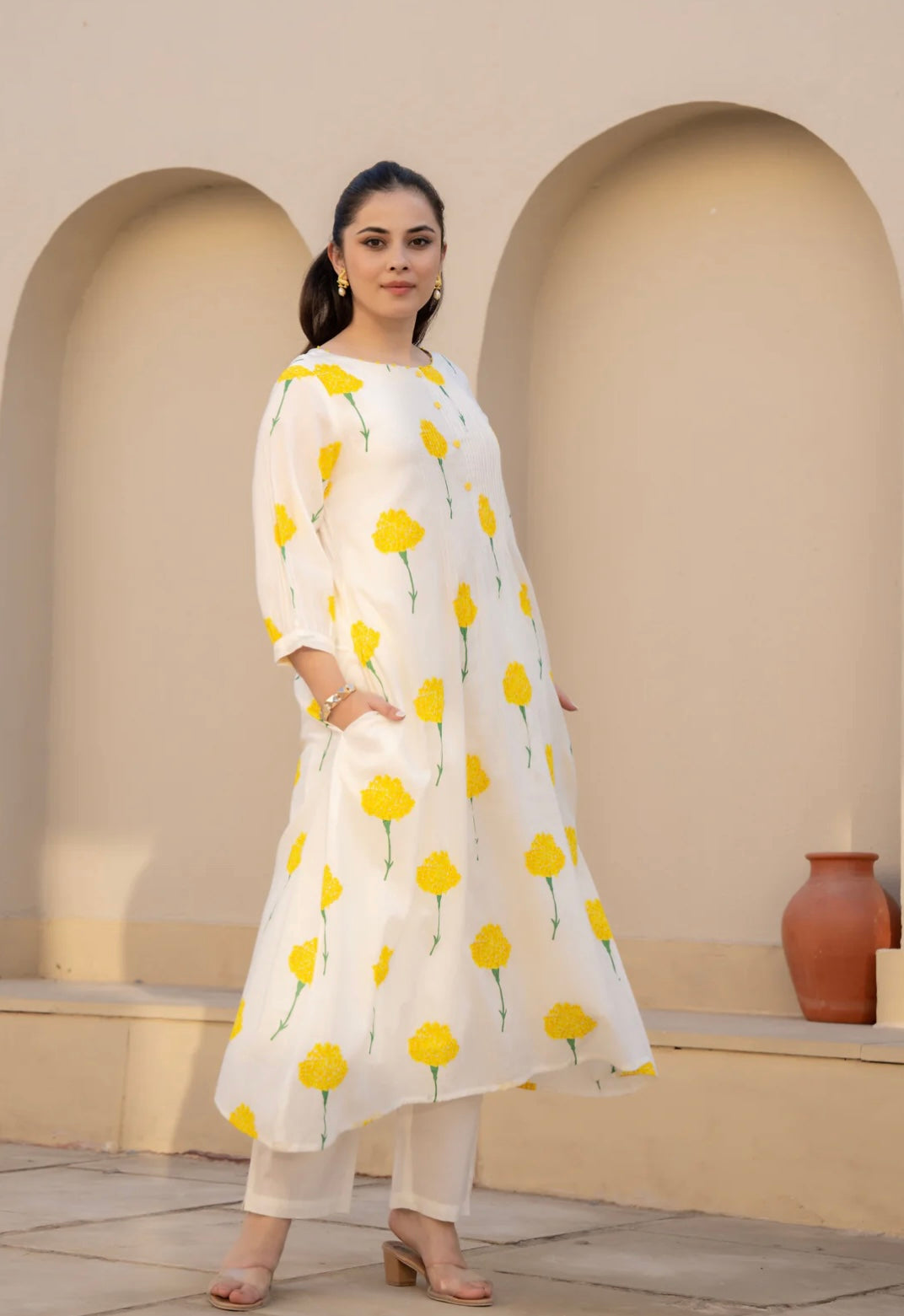 WHITE & YELLOW FLORAL PRINTED COTTON KURTA SET FOR WOMEN KURTA WITH PANTS