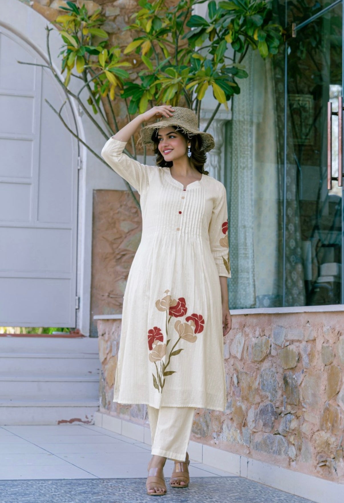 KAYA OFF WHITE FLORAL EMBROIDERED COTTON SUIT SET