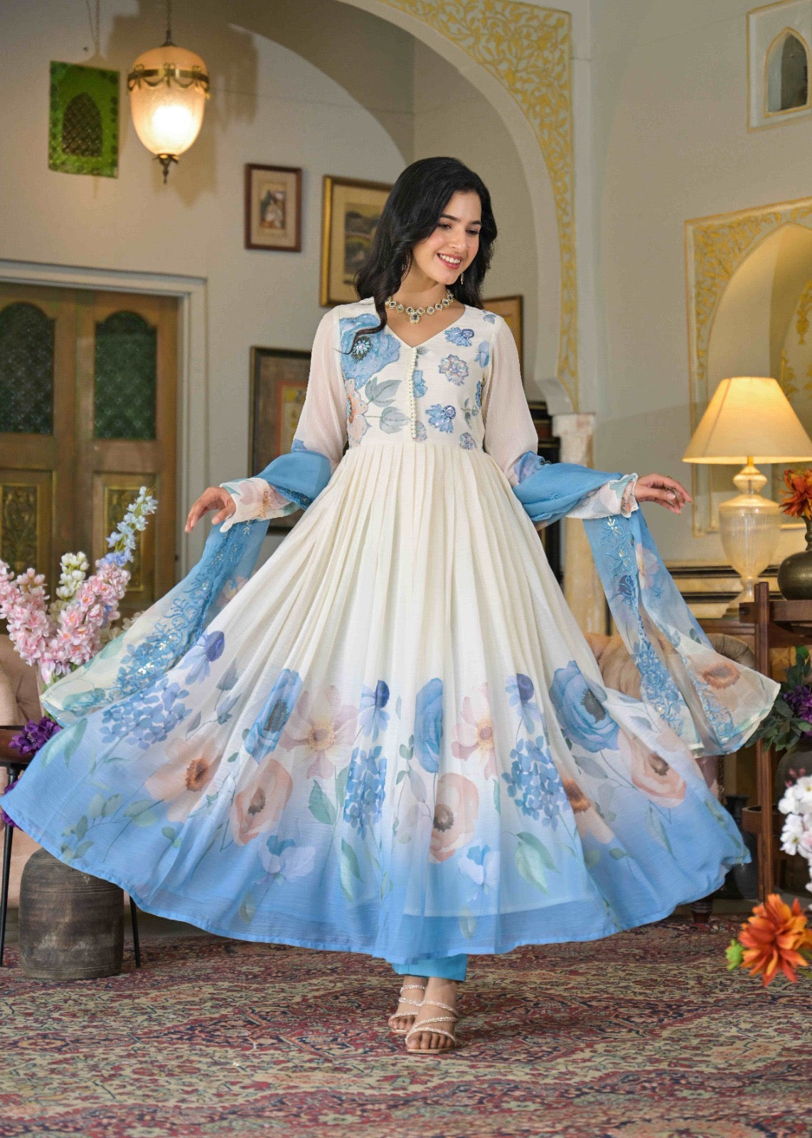 Blooming Breeze Embroidered Anarkali Suit Set