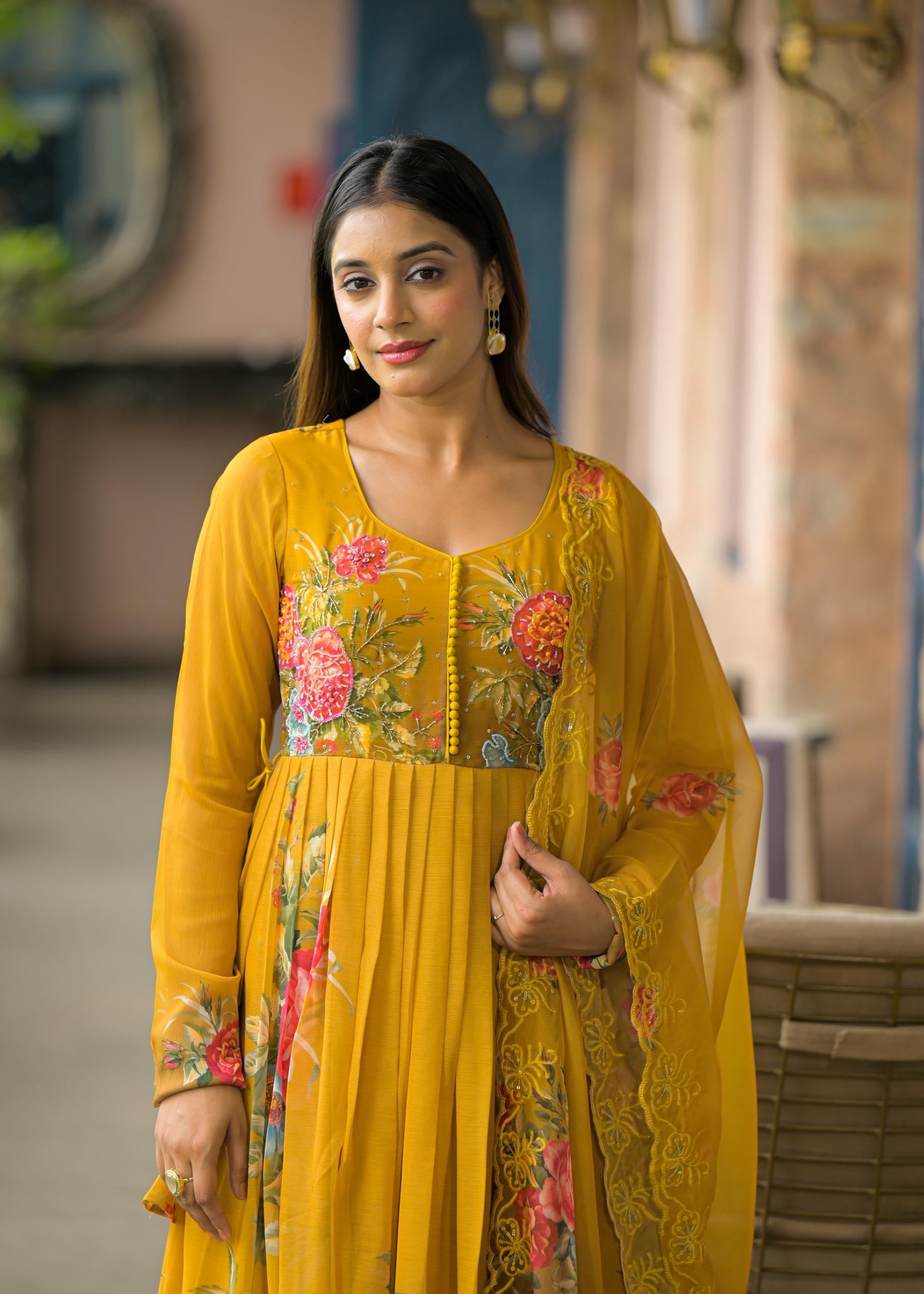 Mustard Ciara Floral Embroidered Anarkali Suit Set