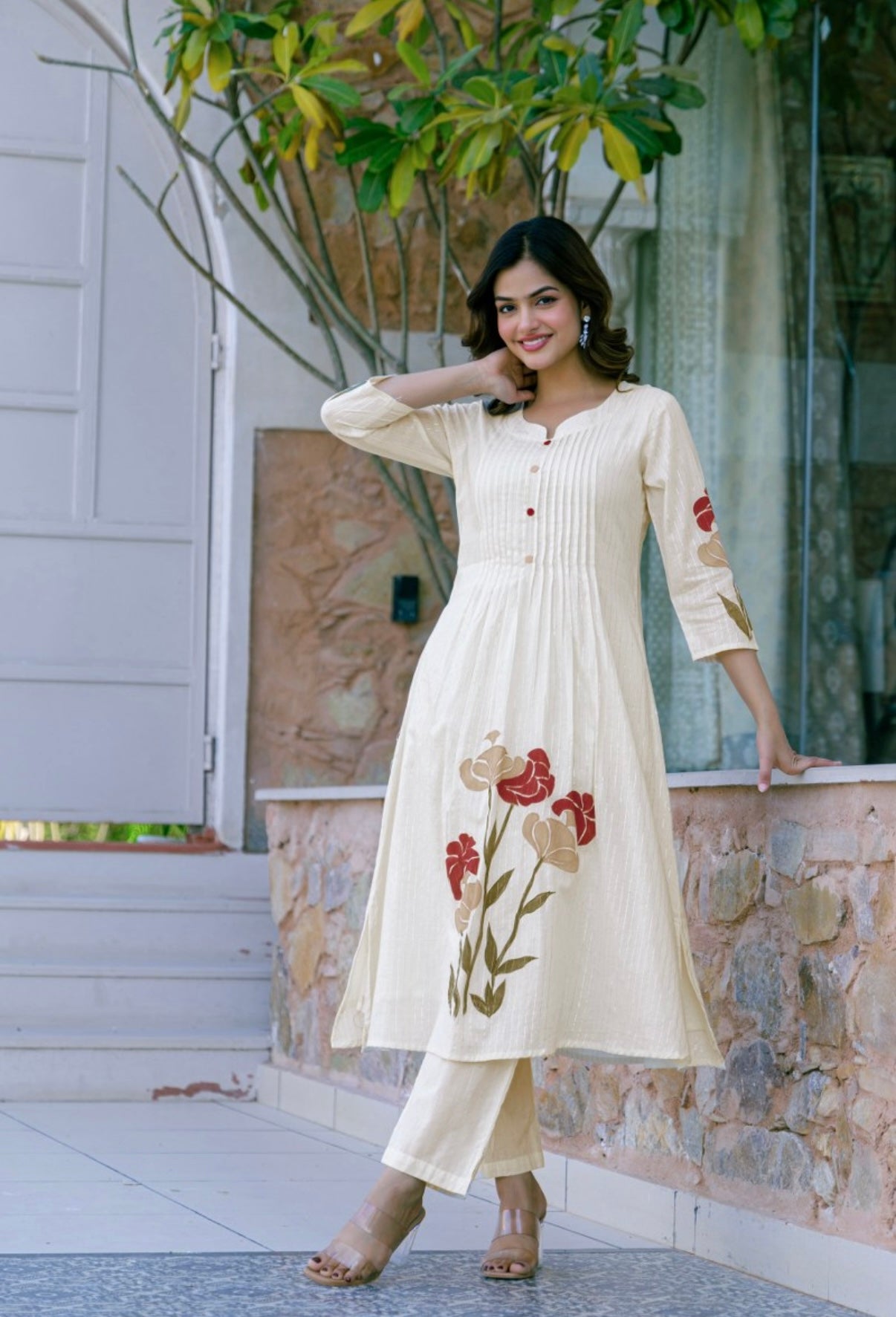 KAYA OFF WHITE FLORAL EMBROIDERED COTTON SUIT SET
