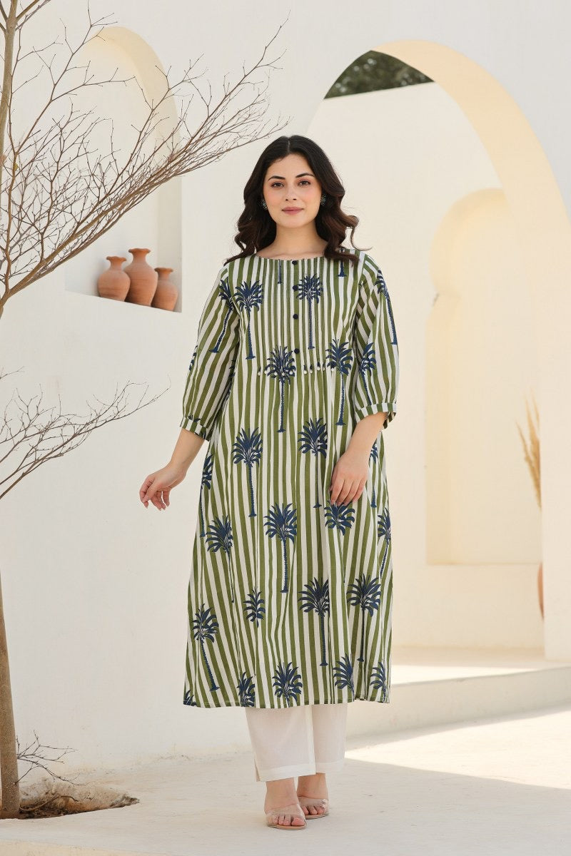 Tropical Floral Green Cotton Kurta Set