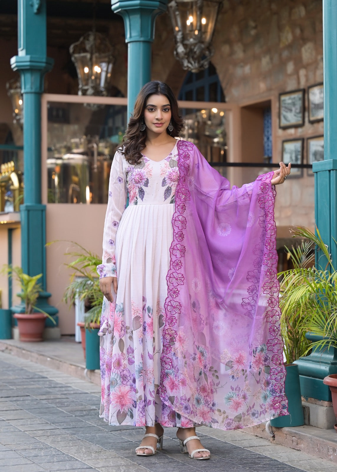 Lilac Floral Embroidered Anarkali Suit Set