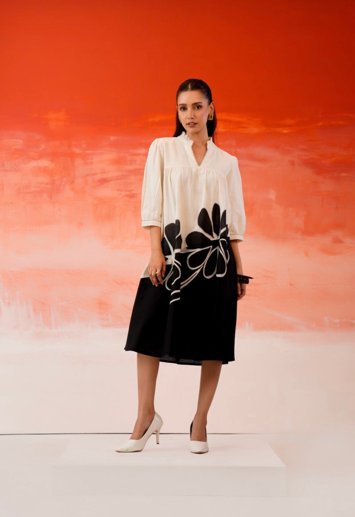 Monochrome Petals Midi Dress