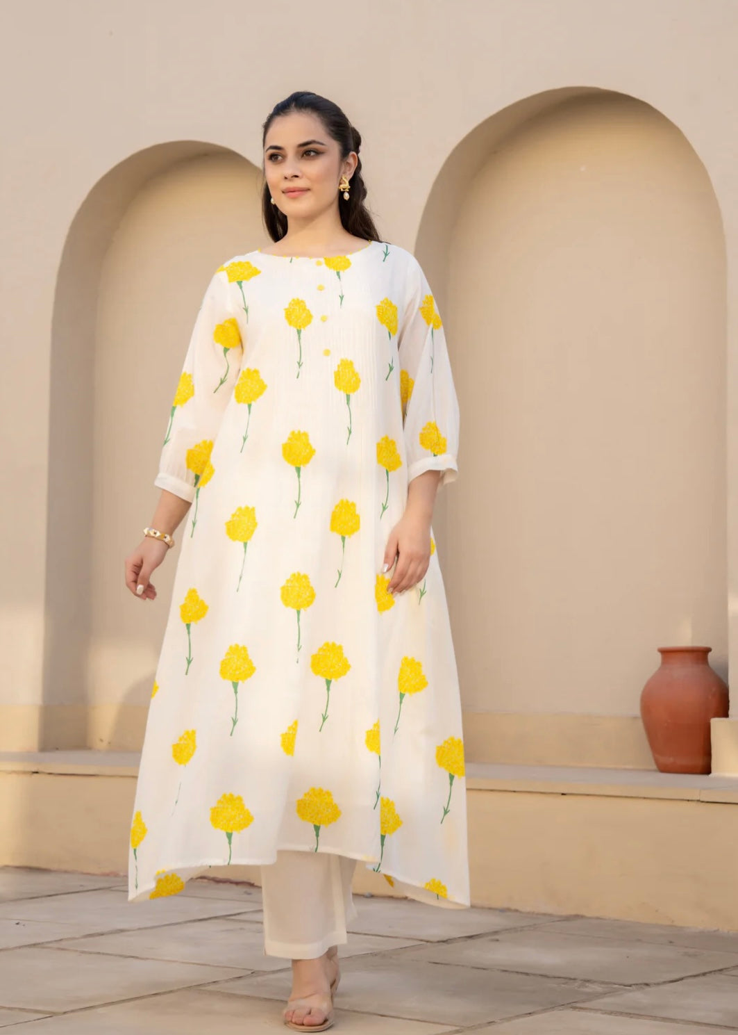 WHITE & YELLOW FLORAL PRINTED COTTON KURTA SET FOR WOMEN KURTA WITH PANTS