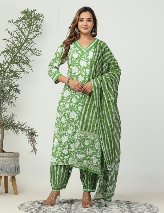 Ethnic green Afghani 3 piece cotton suit set