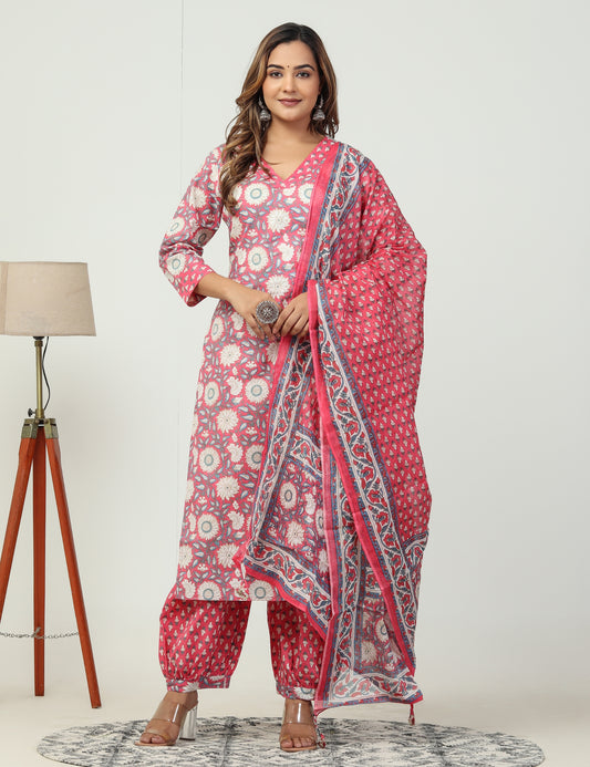 Pink Ethnic Afghani 3 piece cotton suit set