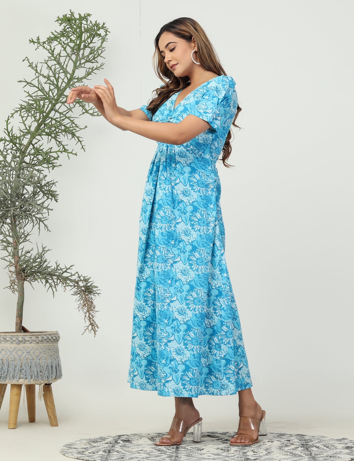 Blue cotton front knot midi dress