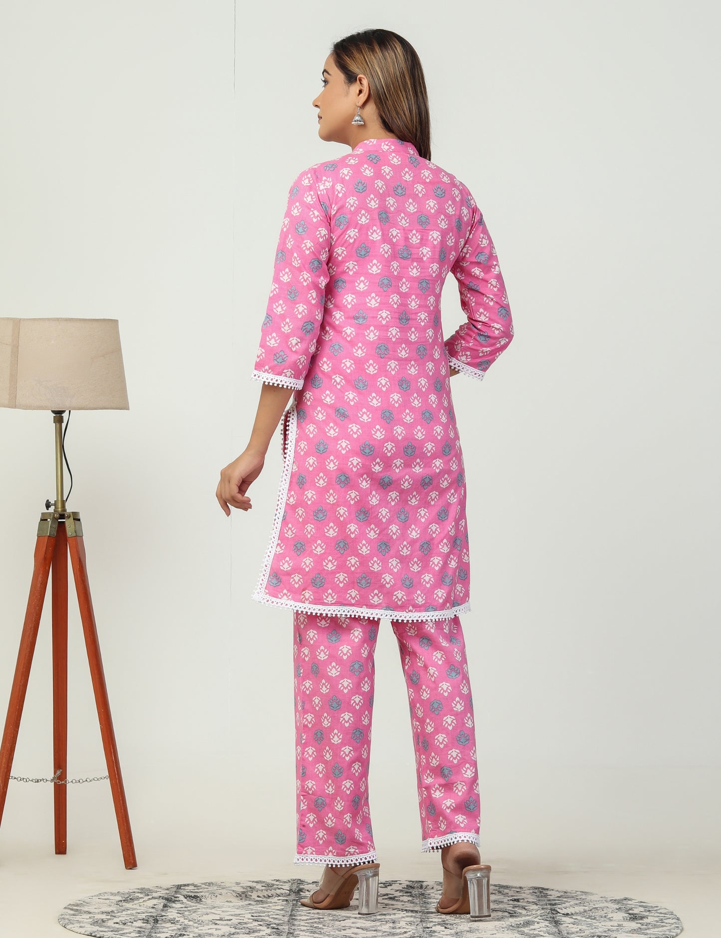 Light pink printed cotton suit - set of 2