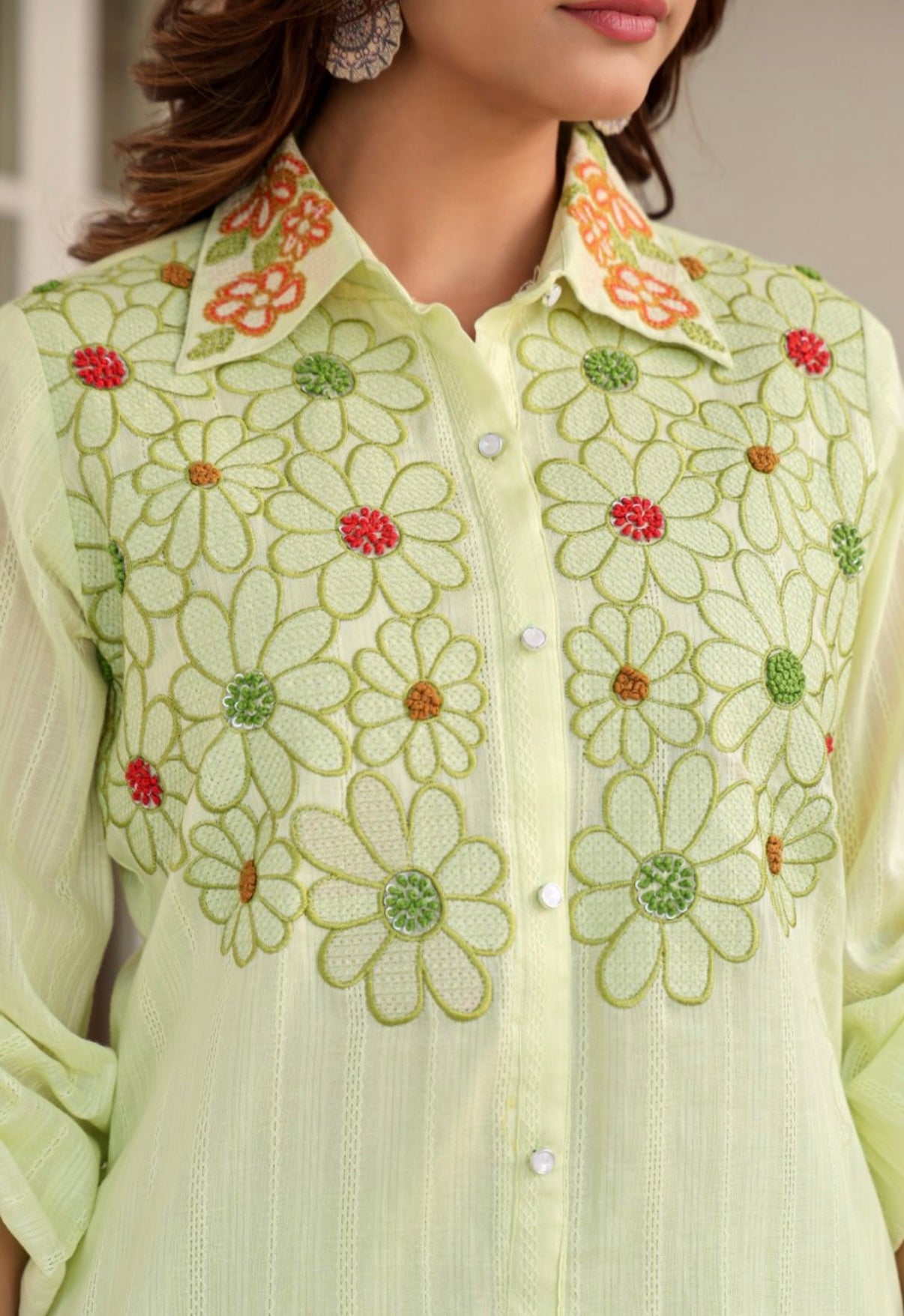 Pastel Lime Bloom Embroidered Cotton Coord Set