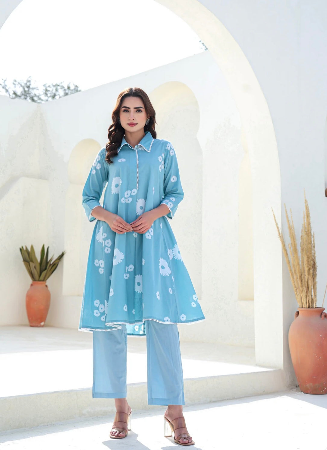 LIGHT BLUE FLORAL COTTON CO-ORDS SET FOR WOMEN A-LINE KURTA WITH PANTS