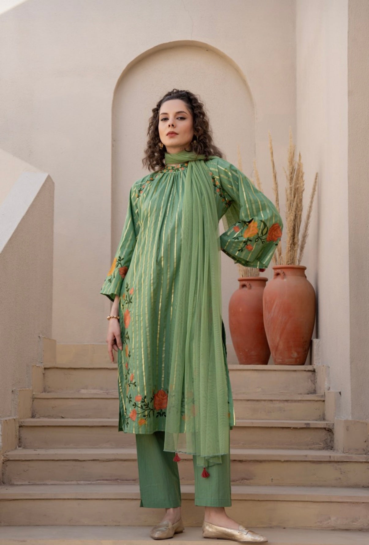 LAVANYA GREEN COTTON FLORAL EMBROIDERED SUIT SET