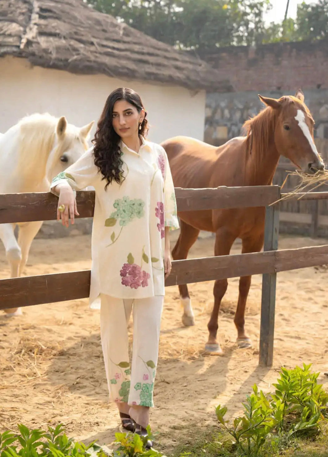 ELEGANT FLORAL PRINTED CO-ORD SET OFF-WHITE COTTON LINEN COORD SET