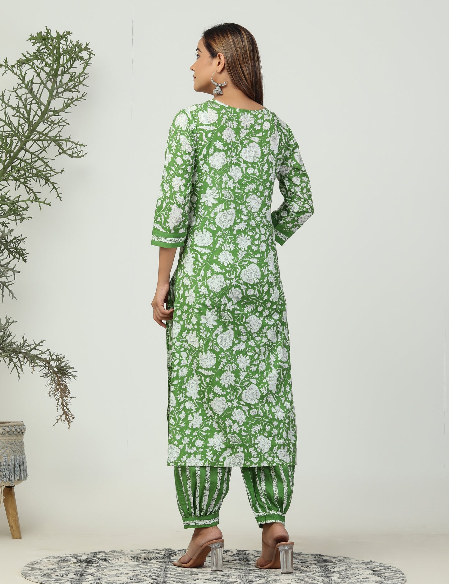 Ethnic green Afghani 3 piece cotton suit set