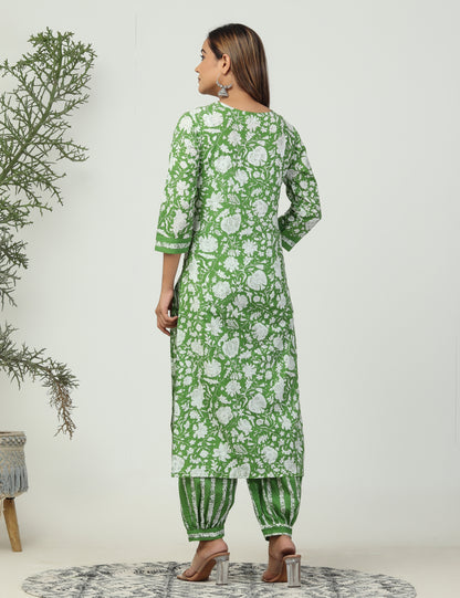 Ethnic green Afghani 3 piece cotton suit set