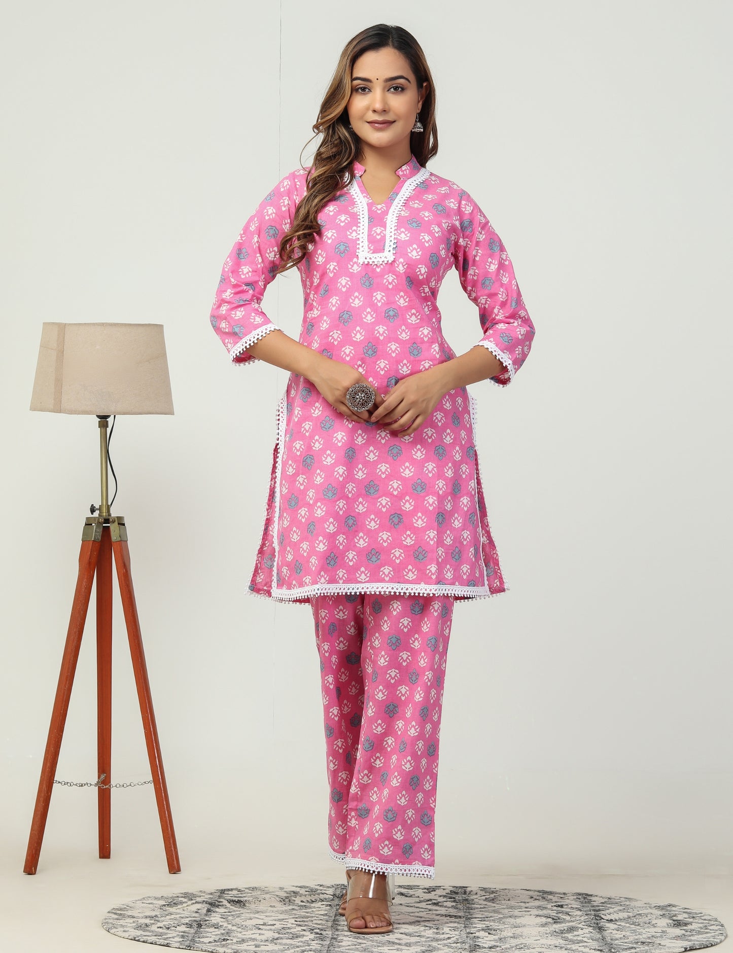 Light pink printed cotton suit - set of 2