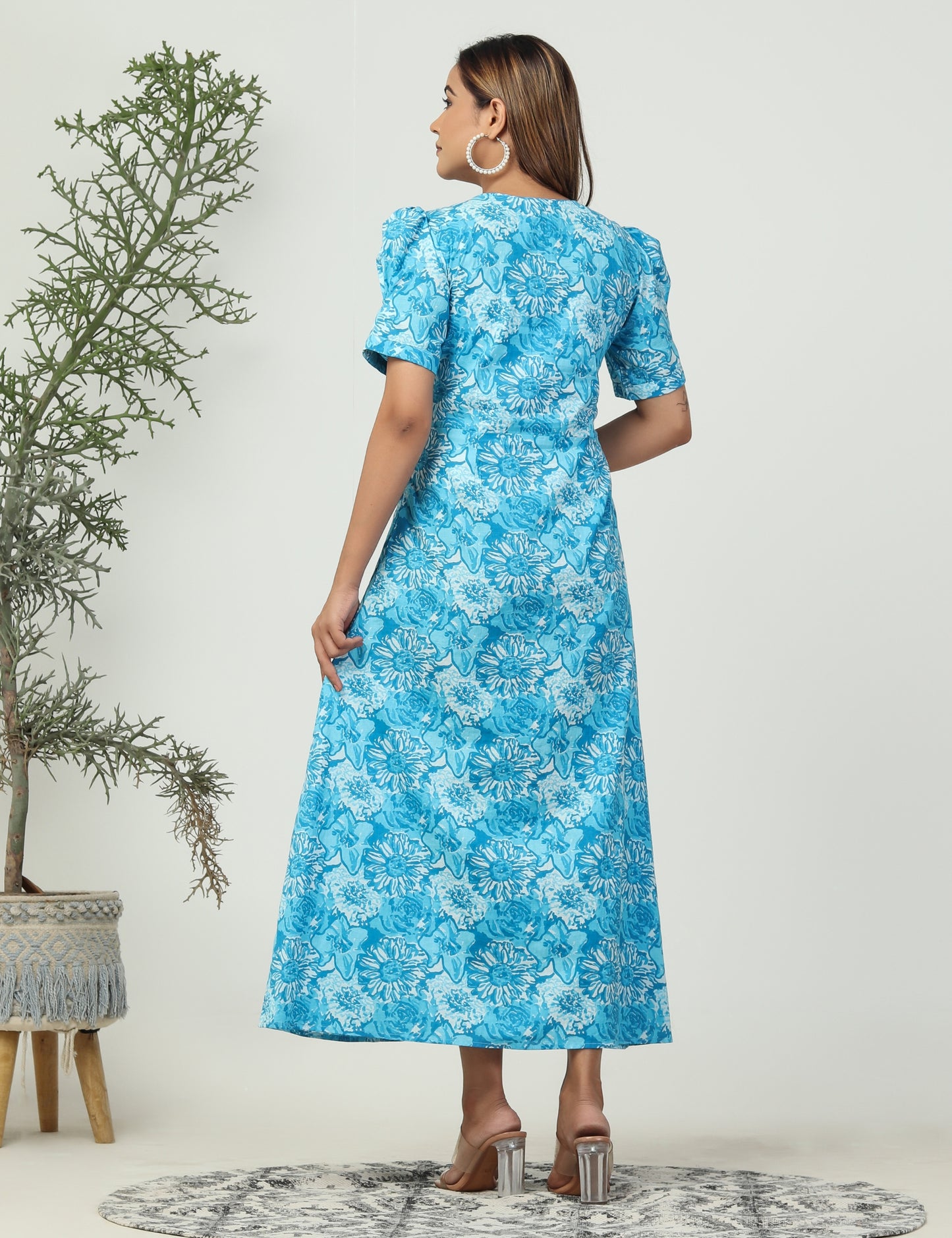 Blue cotton front knot midi dress