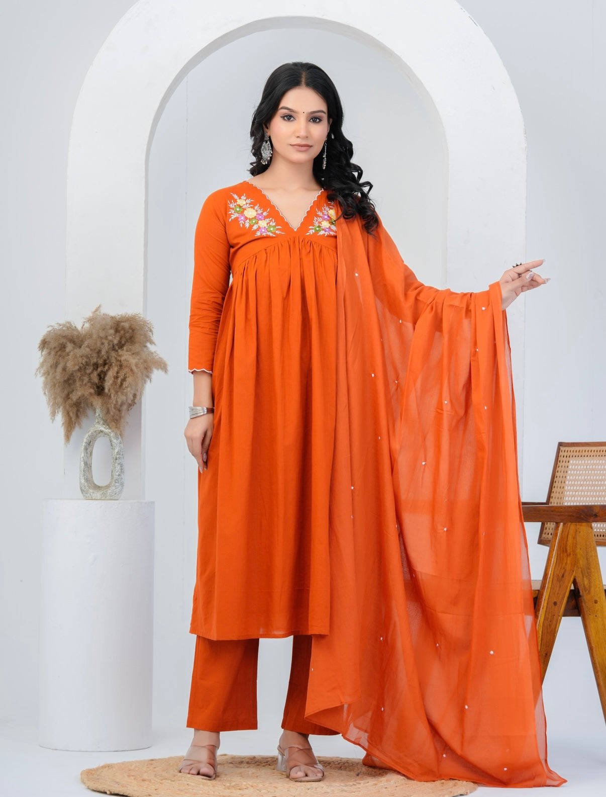 Amber Bloom Embroidered Cotton Kurta Set