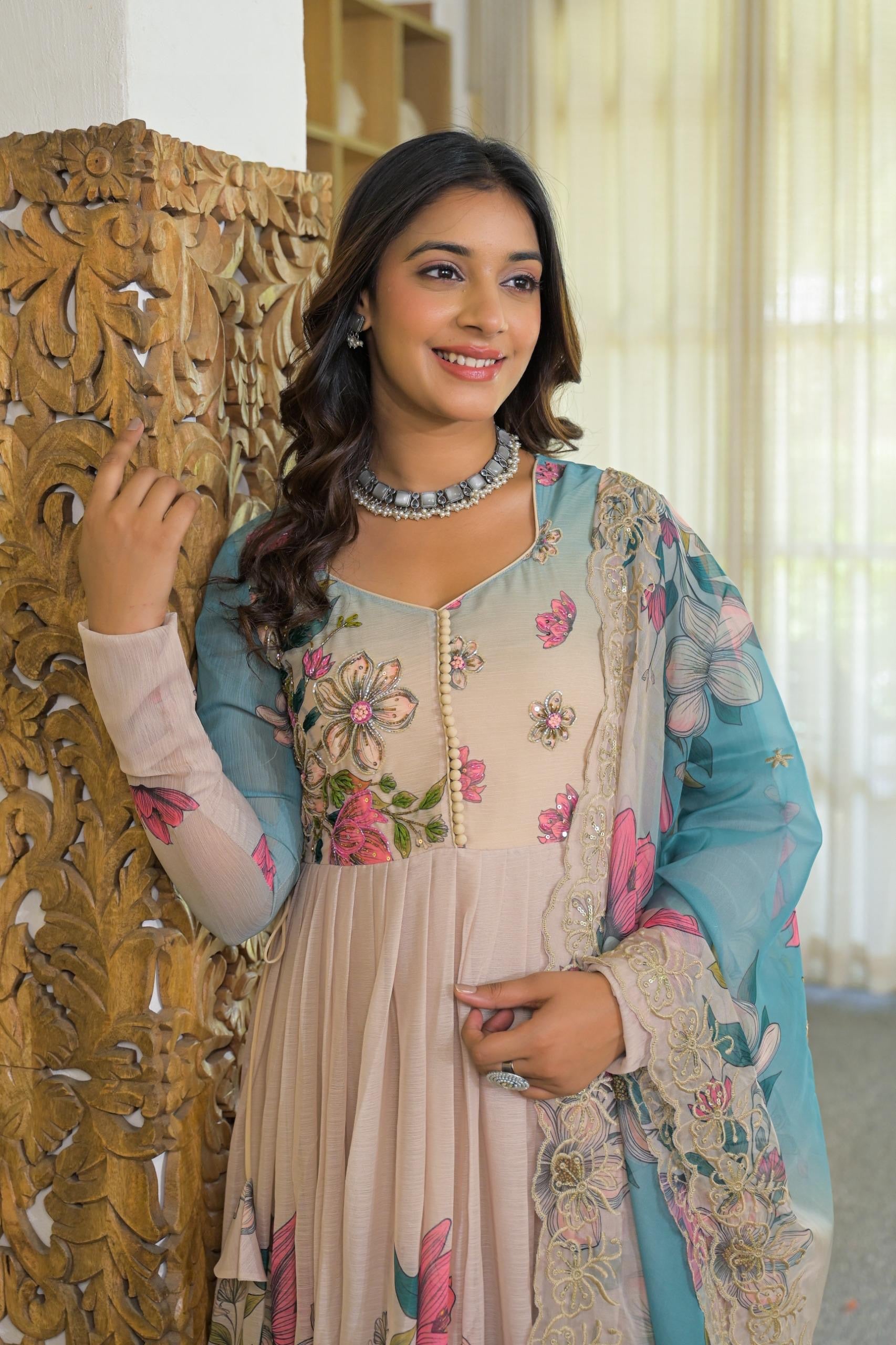 Kaari Pastel Blue Floral Embroidered Anarkali Suit Set