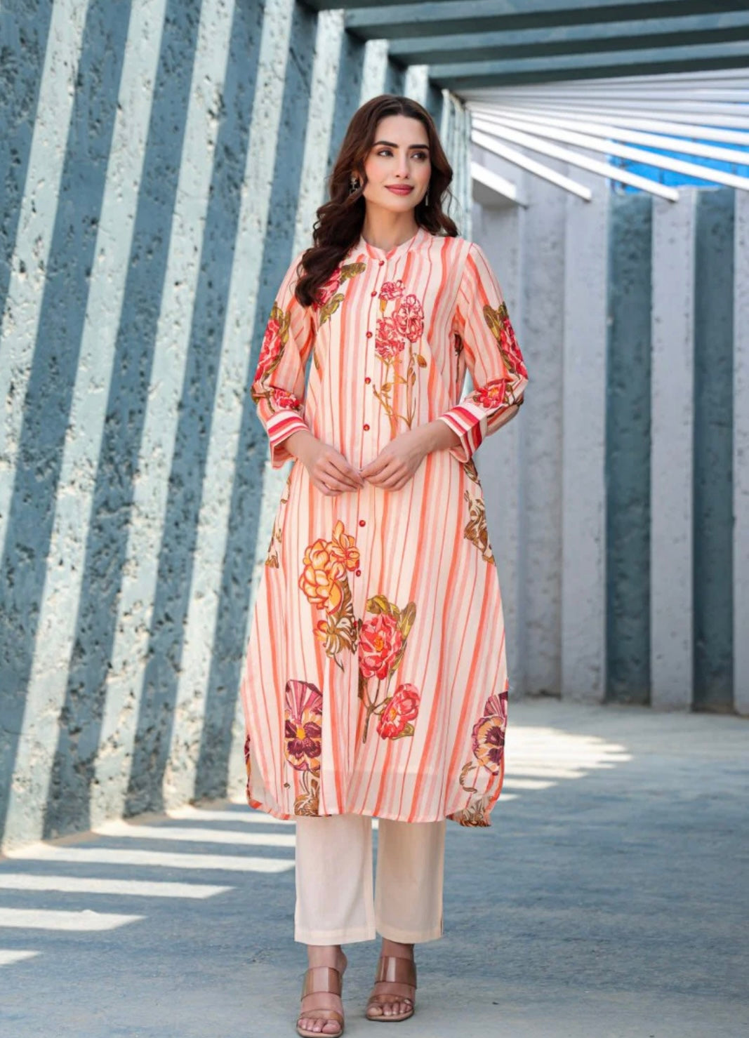 Peach Mal Cotton Floral Stripes Printed Kurta Set